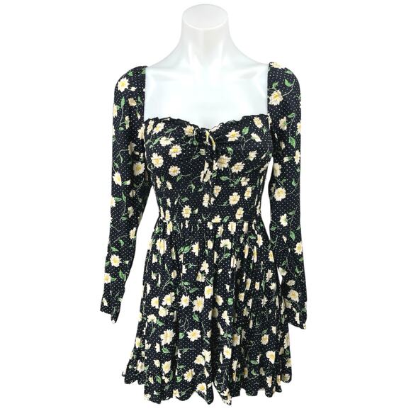 Asos Collusion Black Floral Dotted Long Sleeve Sweetheart Smocked Mini Dress 0 - Picture 1 of 5